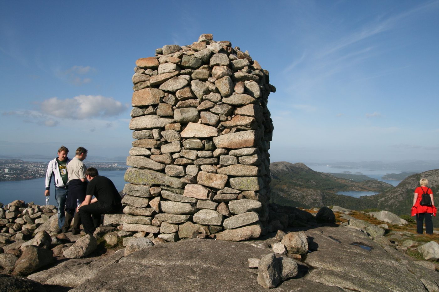 The summit cairn on Dalsnuten, with Gandsfjorden and Sandnes in the background